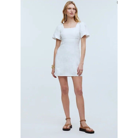 MADEWELL Square Neck Mini Dress Back Cutout White 100% Linen Women Size 14 NEW - Picture 2 of 9